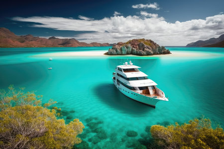 luxury yacht anchored in serene and tranquil lagoon, with turquoise waters, created with generative aiの素材