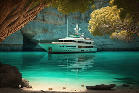 luxury yacht anchored in serene and tranquil lagoon, with turquoise waters, created with generative aiの素材