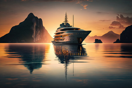 luxury yacht in calm waters, with view of the setting sun and tropical islands in the background, created with generative aiの素材