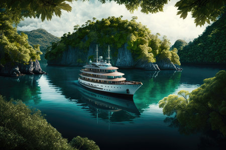 luxury yacht anchored in serene bay, surrounded by lush greenery and clear waters, created with generative aiの素材