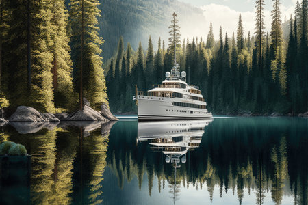 luxury yacht anchored in serene lake with towering pine trees, created with generative aiの素材