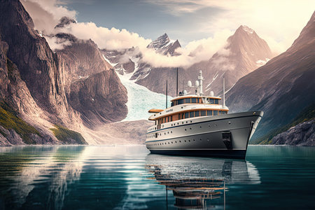 luxury yacht anchored in quiet bay with view of majestic mountains, created with generative aiの素材