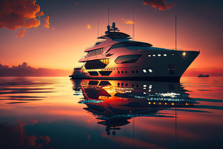 luxury yacht at sunset, with vibrant sky and reflections on the water, created with generative aiの素材