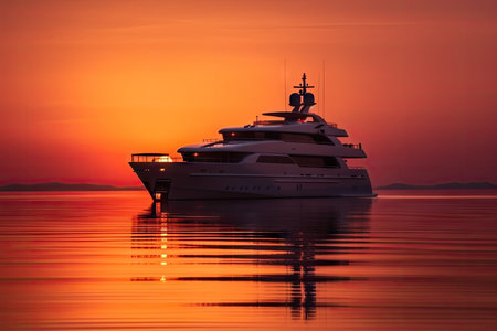 luxury yacht surrounded by peaceful sunset, with orange and red colors reflecting on the water, created with generative aiの素材