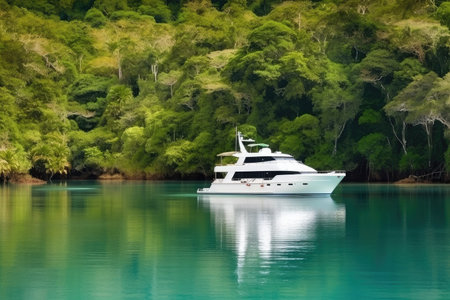 luxury yacht anchored in serene and tranquil lagoon, surrounded by lush tropical vegetation, created with generative aiの素材