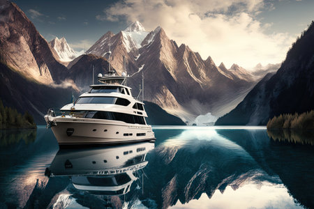luxury yacht anchored in serene mountain lake with towering peaks in the background, created with generative aiの素材