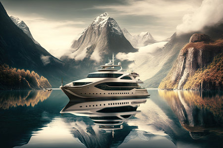 luxury yacht anchored on tranquil lake, with mountains visible in the background, created with generative aiの素材