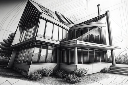 close-up of modern house pencil sketch with intricate details and lines, created with generative aiの素材