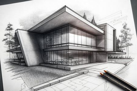 close-up of modern house pencil sketch with intricate details and lines, created with generative aiの素材