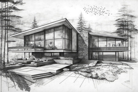 detailed pencil sketch of modern house, with windows, doors and other details visible, created with generative aiの素材