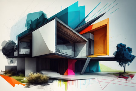 sketch of modern house with abstract geometric shapes and bold colors, created with generative aiの素材