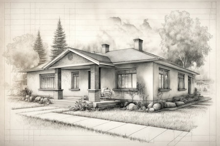retro house pencil sketch with modern details and vintage elements, created with generative aiの素材