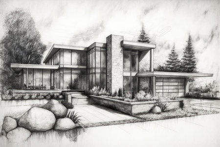 close-up of modern house pencil sketch, with details and textures visible, created with generative aiの素材