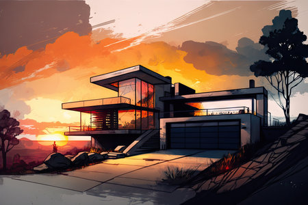 sketch of modern house with sunset in the background, created with generative aiの素材
