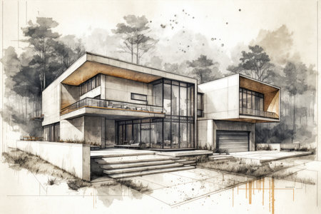 sketch of modern house, with exterior and interior details, for inspiration or purchase, created with generative aiの素材