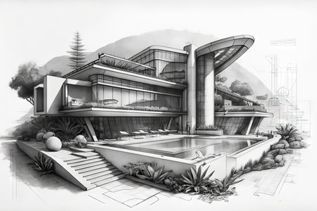 humorous pencil sketch of modern house with over-the-top additions, such as swimming pool and hot tub, created with generative aiの素材