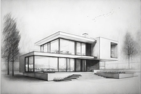 a minimalist house, with a clean and modern exterior, sketched in pencil, created with generative aiの素材