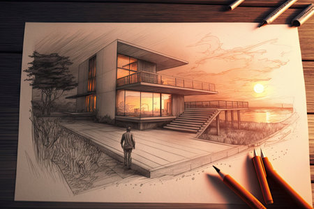 modern house, with view of the city skyline and sunset, pencil sketch in background, created with generative aiの素材