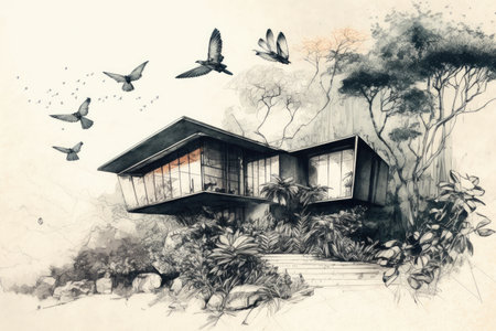 pencil sketch of modern house surrounded by lush greenery, with birds and butterflies in the background, created with generative aiの素材