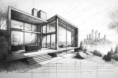 a modern house with a view of the city skyline, surrounded by pencil sketches, created with generative aiの素材