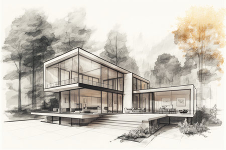 architectural drawing of modern house with sleek and minimal design, featuring floor-to-ceiling windows and sleek furnishings, created with generative aiの素材