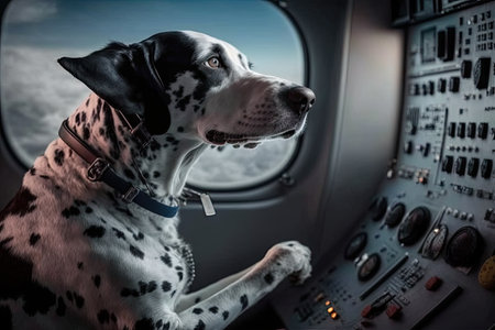 pilot dog sitting at the controls of plane, with its head resting on paw, created with generative aiの素材