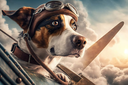 pilot dog taking off in vintage plane, with its nose pointed toward the sky, created with generative aiの素材