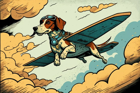 hand-drawn illustration of pilot dog flying through the sky, created with generative aiの素材