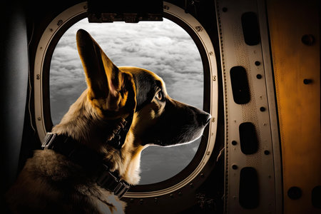 pilot dog sitting on cargo plane, looking out the window, created with generative aiの素材