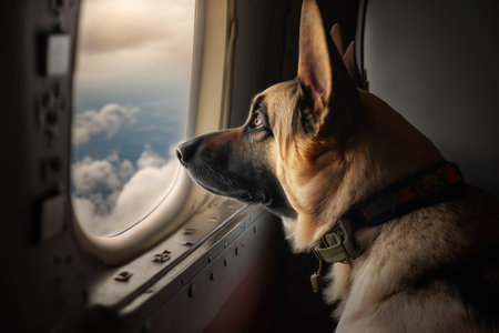 pilot dog sitting on cargo plane, looking out the window, created with generative aiの素材