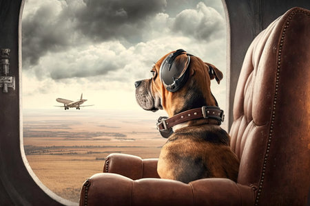 pilot dog sitting on leather chair, looking out at the view, created with generative aiの素材