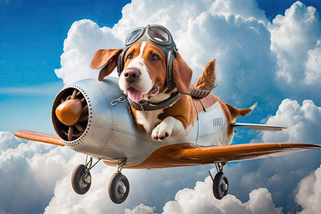 pilot dog soaring through the sky with view of clouds and blue skies, created with generative aiの素材