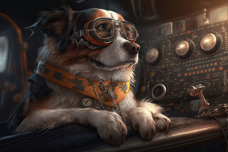 pilot dog lying on pilots lap, watching flight instruments and cockpit, created with generative aiの素材