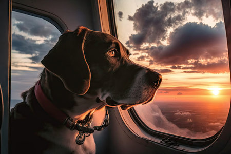 start of a new day in the life of a pilot dog, with sunrise and sky filled with clouds, created with generative aiの素材
