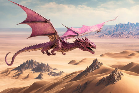 pink dragon soaring over vast desert landscape, created with generative aiの素材