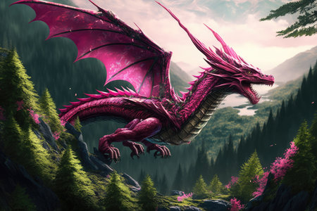 pink dragon soaring through the sky, with a view of green forests below, created with generative aiの素材