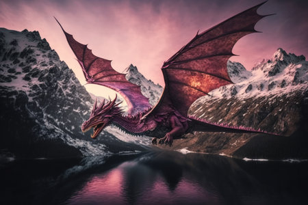 pink dragon flying over breathtaking mountain range, created with generative aiの素材