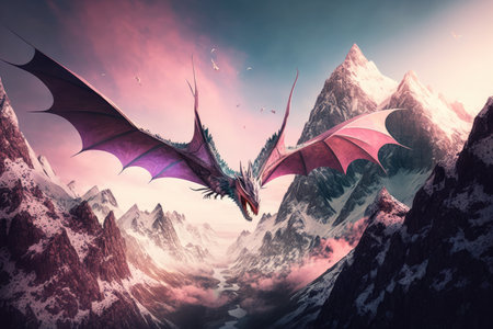 pink dragon flying over breathtaking mountain range, created with generative aiの素材