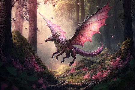 magical pink dragon flying over enchanted forest, created with generative aiの素材