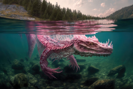 pink dragon swimming in crystal-clear lake, created with generative aiの素材