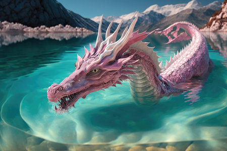 pink dragon swimming in crystal-clear lake, created with generative aiの素材
