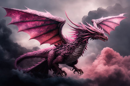 pink dragon flying through the clouds, its wings outstretched, created with generative aiの素材