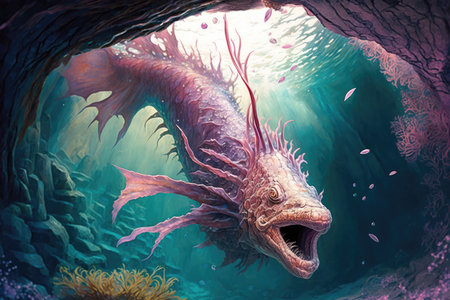pink dragon, swimming through underwater cavern, with schools of fish swimming in the background, created with generative aiの素材