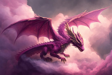 pink dragon flying through the clouds, surrounded by mist, created with generative aiの素材