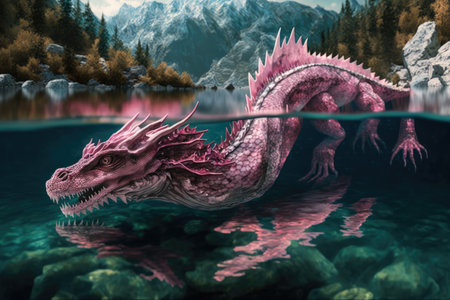 pink dragon swimming in crystal-clear lake, created with generative aiの素材