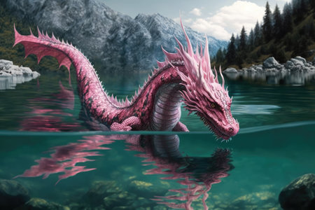 pink dragon, swimming in crystal-clear lake, created with generative aiの素材