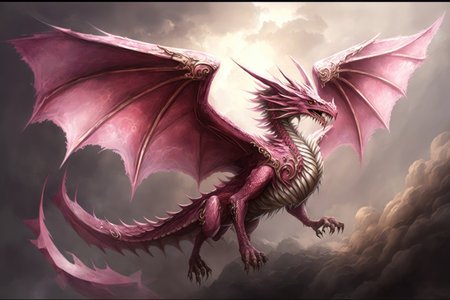 pink dragon soaring through the sky, with majestic wings spread, created with generative aiの素材