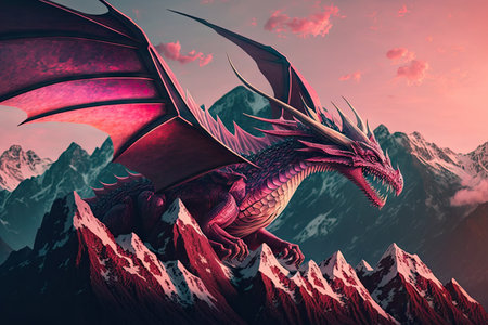 pink dragon flying over mountains, its scales shimmering in the sunlight, created with generative aiの素材