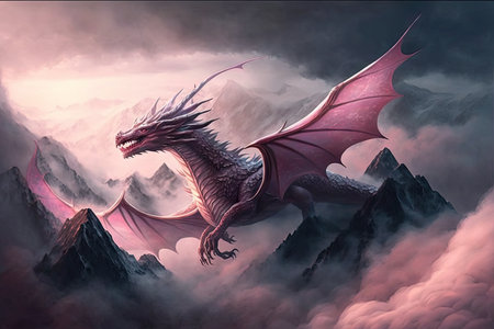pink dragon, flying through the clouds, with view of mist-covered mountains in the background, created with generative aiの素材