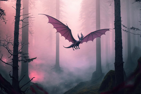 pink dragon flying through magical misty forest, created with generative aiの素材